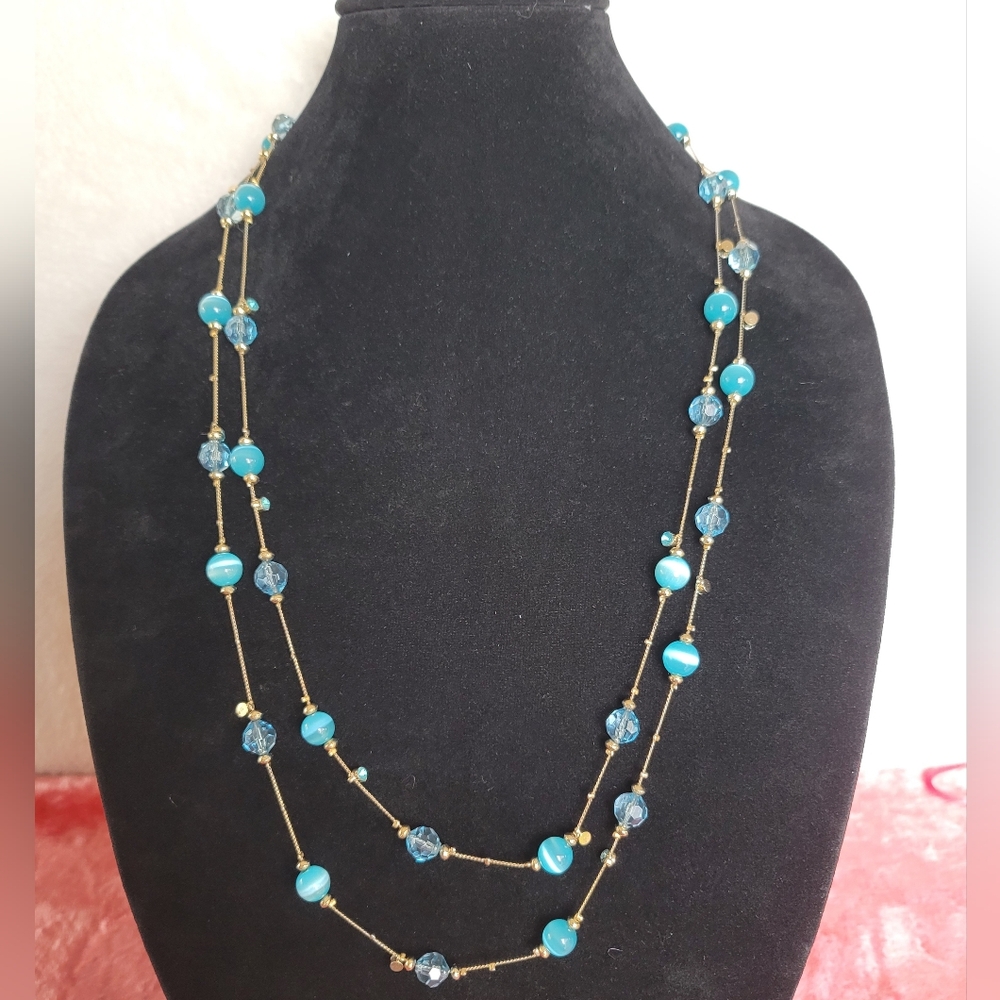 Long Blue Catseye Illusion Necklace - Vintage, Estate, 60", Versatile Styling - Picture 4 of 11